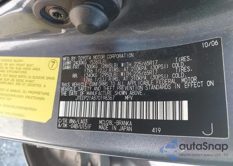 2007 Toyota Highlander Limited V6 из США, поврежденный, VIN JTEEP21A870198367